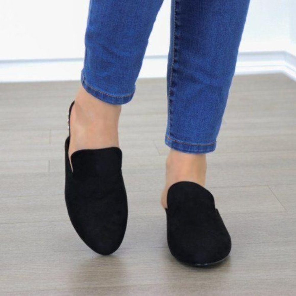 Suede Slip On Loafer Mule Pearl Accents On Heel - Picture 5 of 12